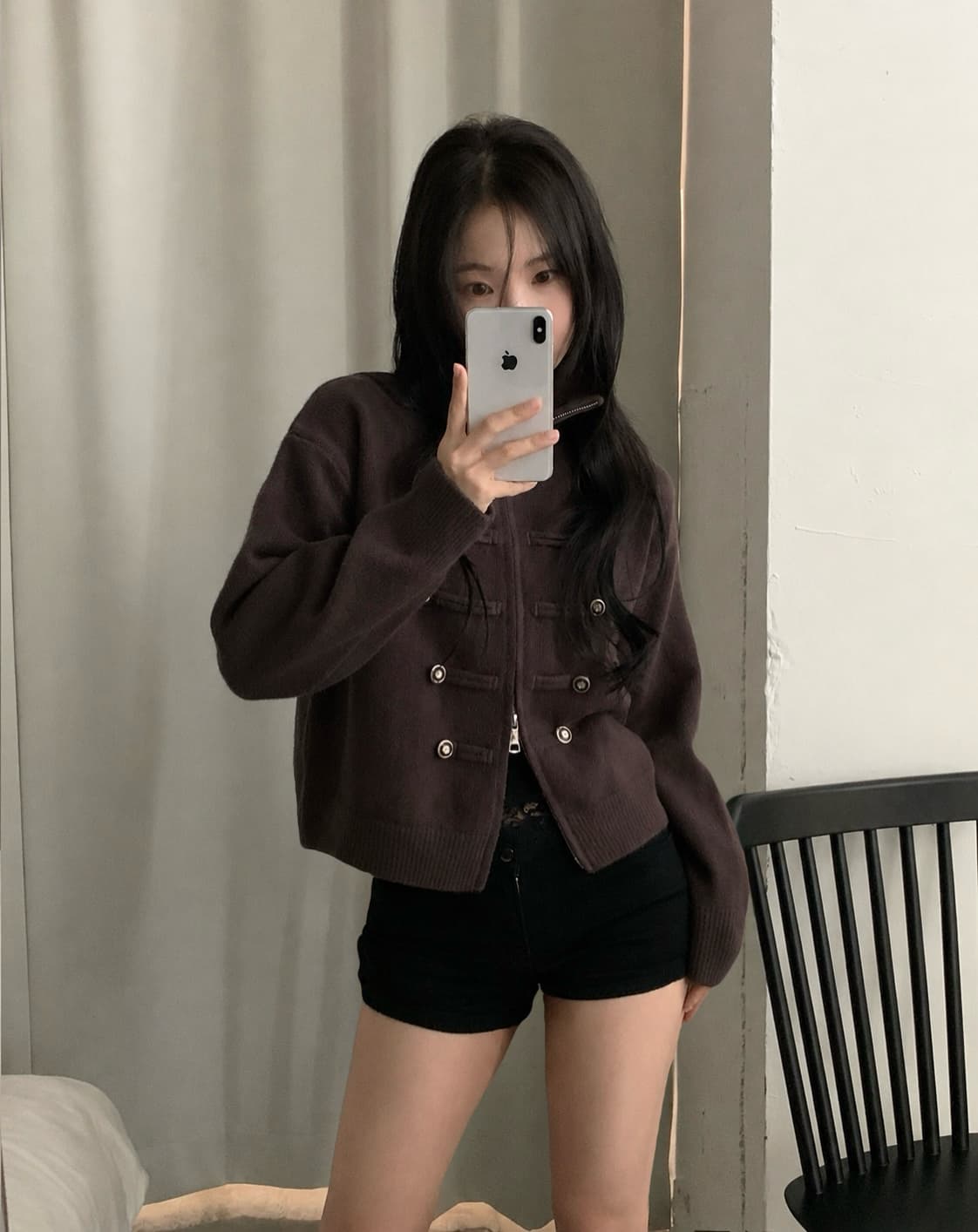 있음 선적 한 부서 다용도 두꺼운 스탠드 칼라 더블 지퍼 긴팔 니트 오픈 가디건 스웨터 코트 여성 상세 이미지 11