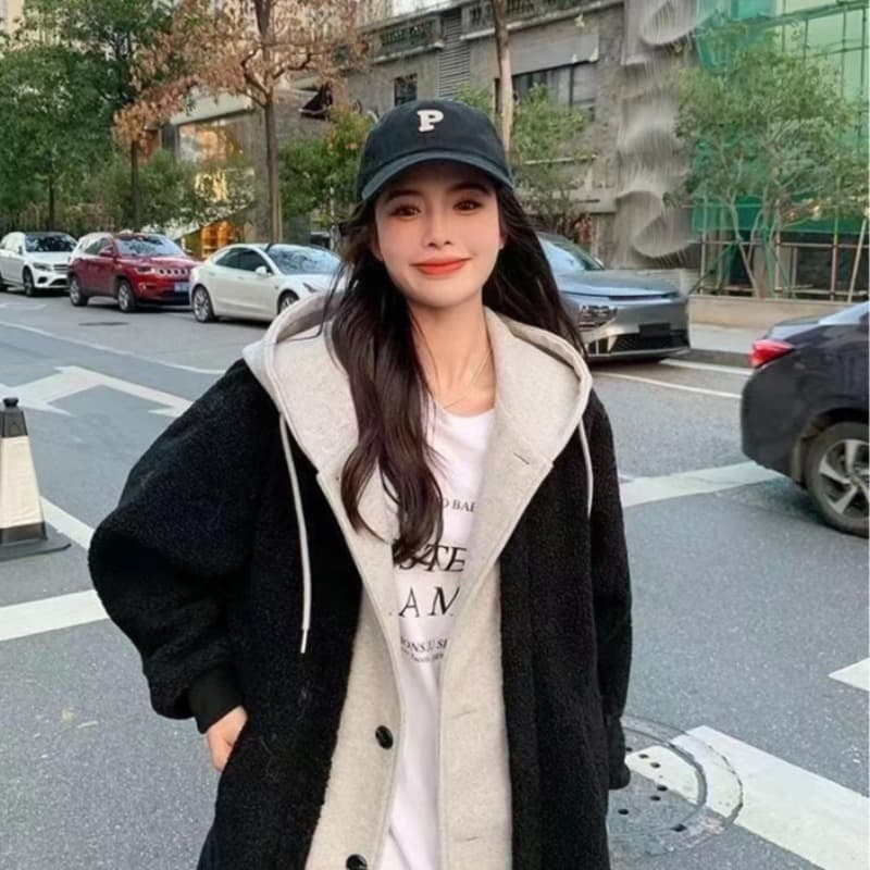 한국 chic 가을 겨울 새로운 롱 코트 페이크 레이어드 후드 치마 재킷 양털 플리스 다용도 루즈핏 패션 재킷 이미지 2