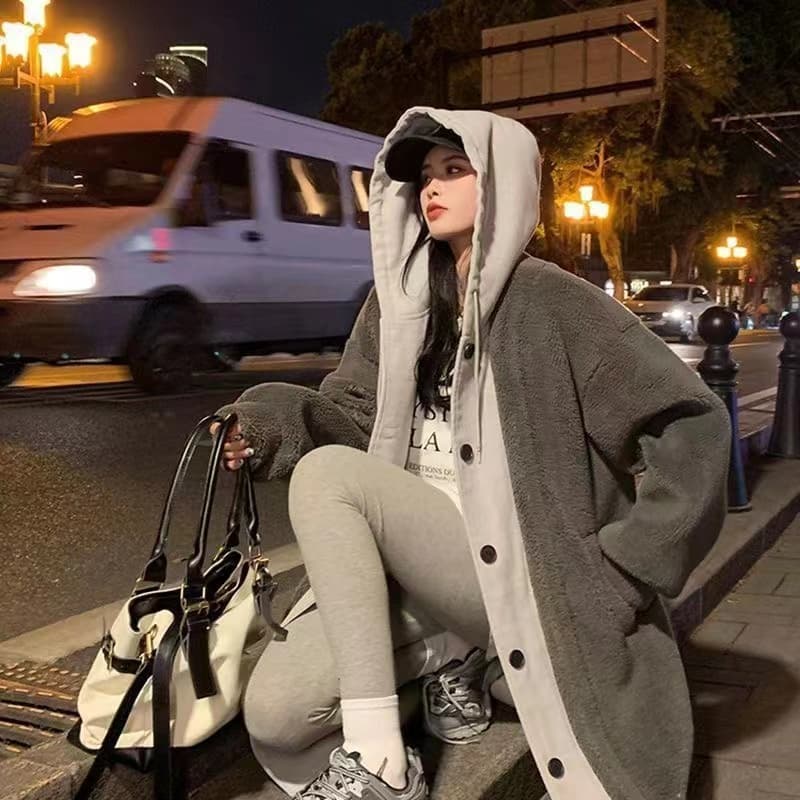 한국 chic 가을 겨울 새로운 롱 코트 페이크 레이어드 후드 치마 재킷 양털 플리스 다용도 루즈핏 패션 재킷 상세 이미지 4