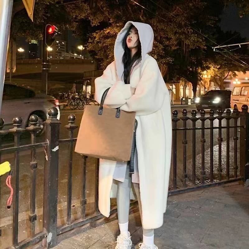 한국 chic 가을 겨울 새로운 롱 코트 페이크 레이어드 후드 치마 재킷 양털 플리스 다용도 루즈핏 패션 재킷 상세 이미지 6