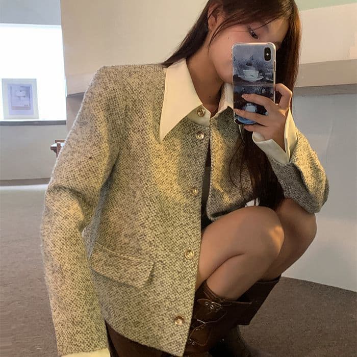 2026 가을 겨울 한 부서 페이크 레이어드 패치워크 폴로 칼라 작은 샤넬 스타일 있음 인사이드 리가 어깨 패드 원본 크기 상세 이미지 2