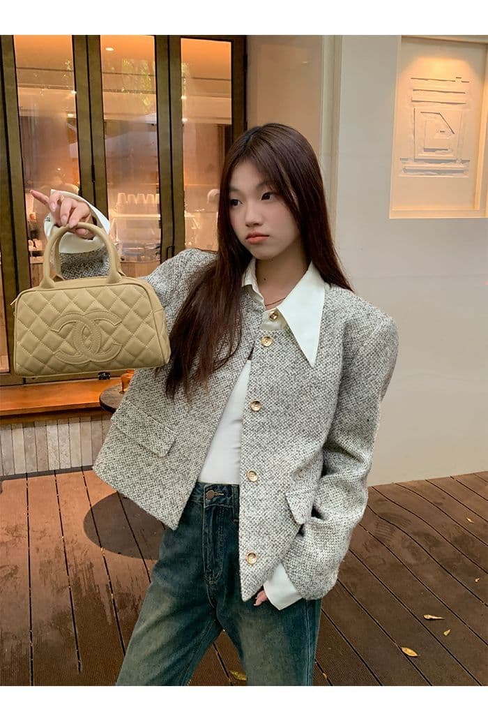 2026 가을 겨울 한 부서 페이크 레이어드 패치워크 폴로 칼라 작은 샤넬 스타일 있음 인사이드 리가 어깨 패드 원본 크기 상세 이미지 4