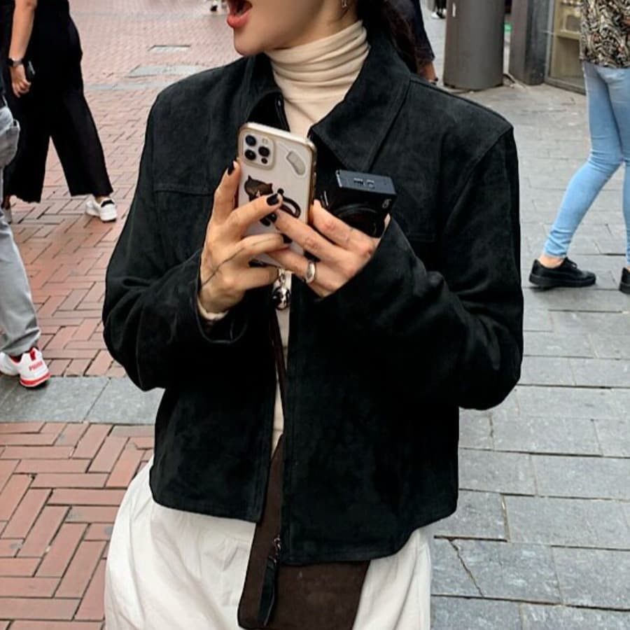 한국 chic 가을 레트로 잘 생긴 폴로 칼라 모조 가죽 플러시 루즈핏 다용도 지퍼 쇼트 스타일 긴팔 재킷 여성 코트 이미지 5