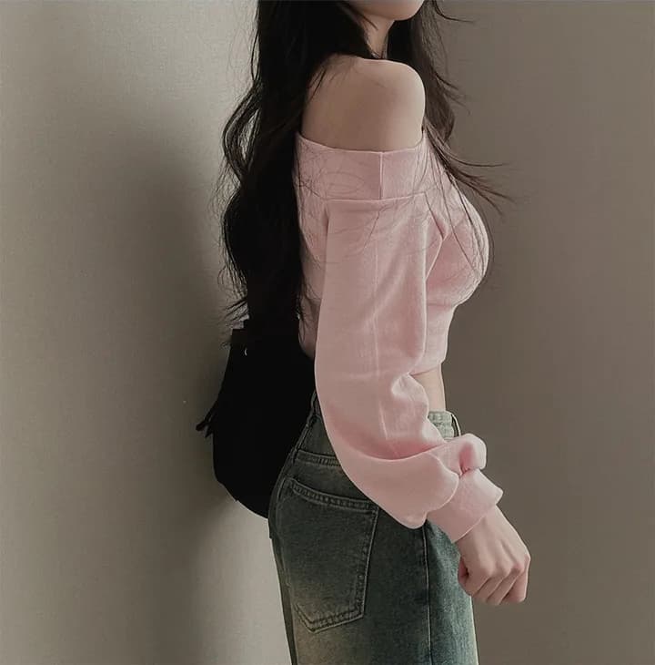 한국 스타일 작은 대중 개성 불규칙 비스듬한 칼라 오프숄더 허리 수축 슬림해 보이는 다용도 쇼트 스타일 긴팔 후드티 여성 상세 이미지 28