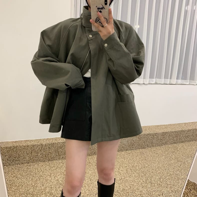 한국 chic 가을 작은 대중 레트로 스탠드 칼라 망토 디자인 빅 포켓 루즈핏 다용도 긴팔 바람막이 여성 코트 상세 이미지 8