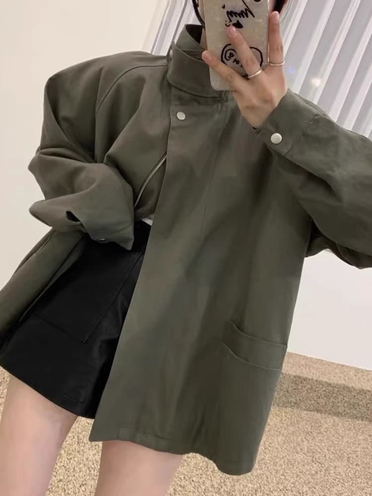 한국 chic 가을 작은 대중 레트로 스탠드 칼라 망토 디자인 빅 포켓 루즈핏 다용도 긴팔 바람막이 여성 코트 상세 이미지 12