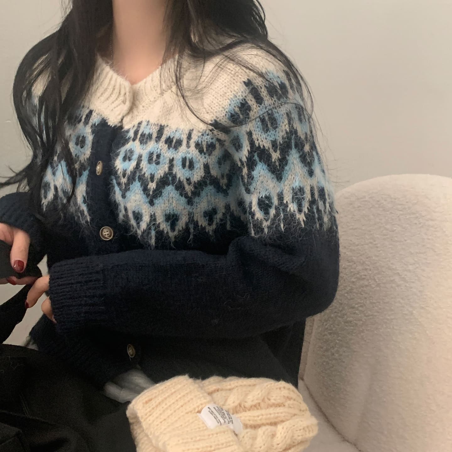 한국 chic 겨울 배색 싱글 줄 버튼 긴팔 스웨터 카디건 코트 상세 이미지 1