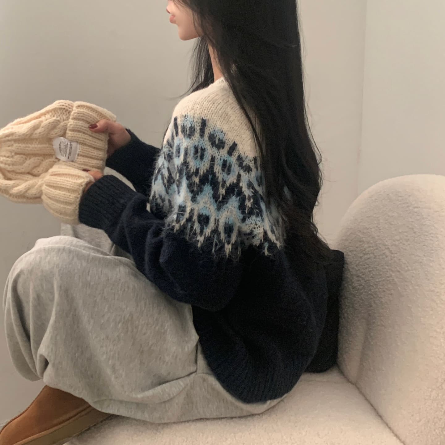 한국 chic 겨울 배색 싱글 줄 버튼 긴팔 스웨터 카디건 코트 상세 이미지 2
