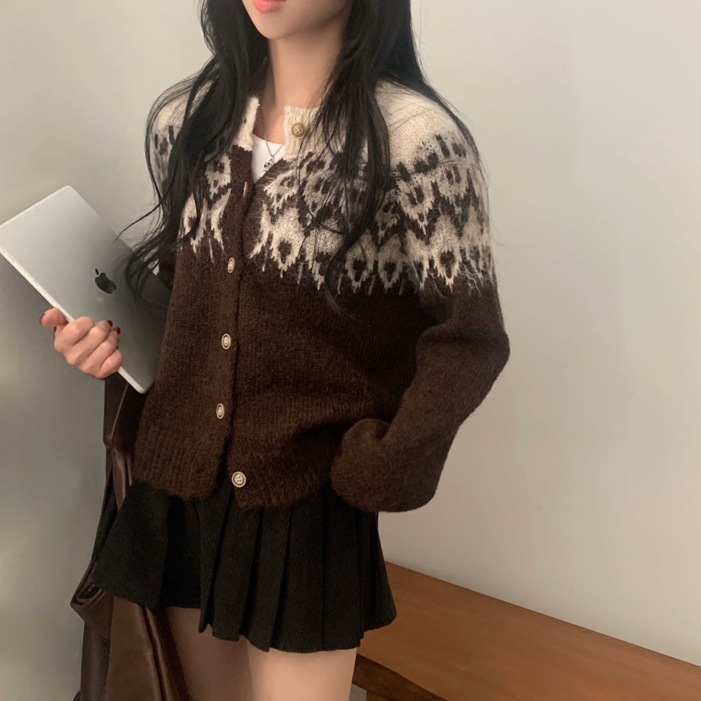 한국 chic 겨울 배색 싱글 줄 버튼 긴팔 스웨터 카디건 코트 상세 이미지 18
