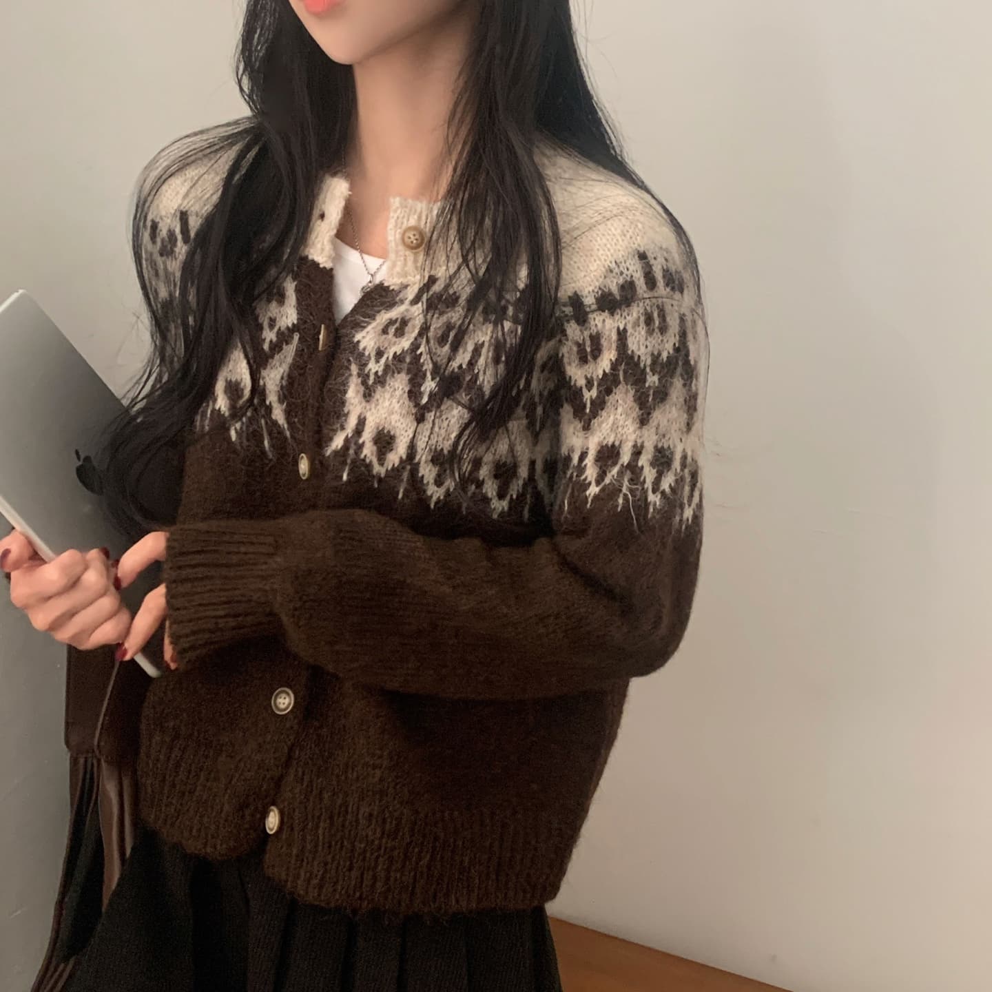 한국 chic 겨울 배색 싱글 줄 버튼 긴팔 스웨터 카디건 코트 상세 이미지 23