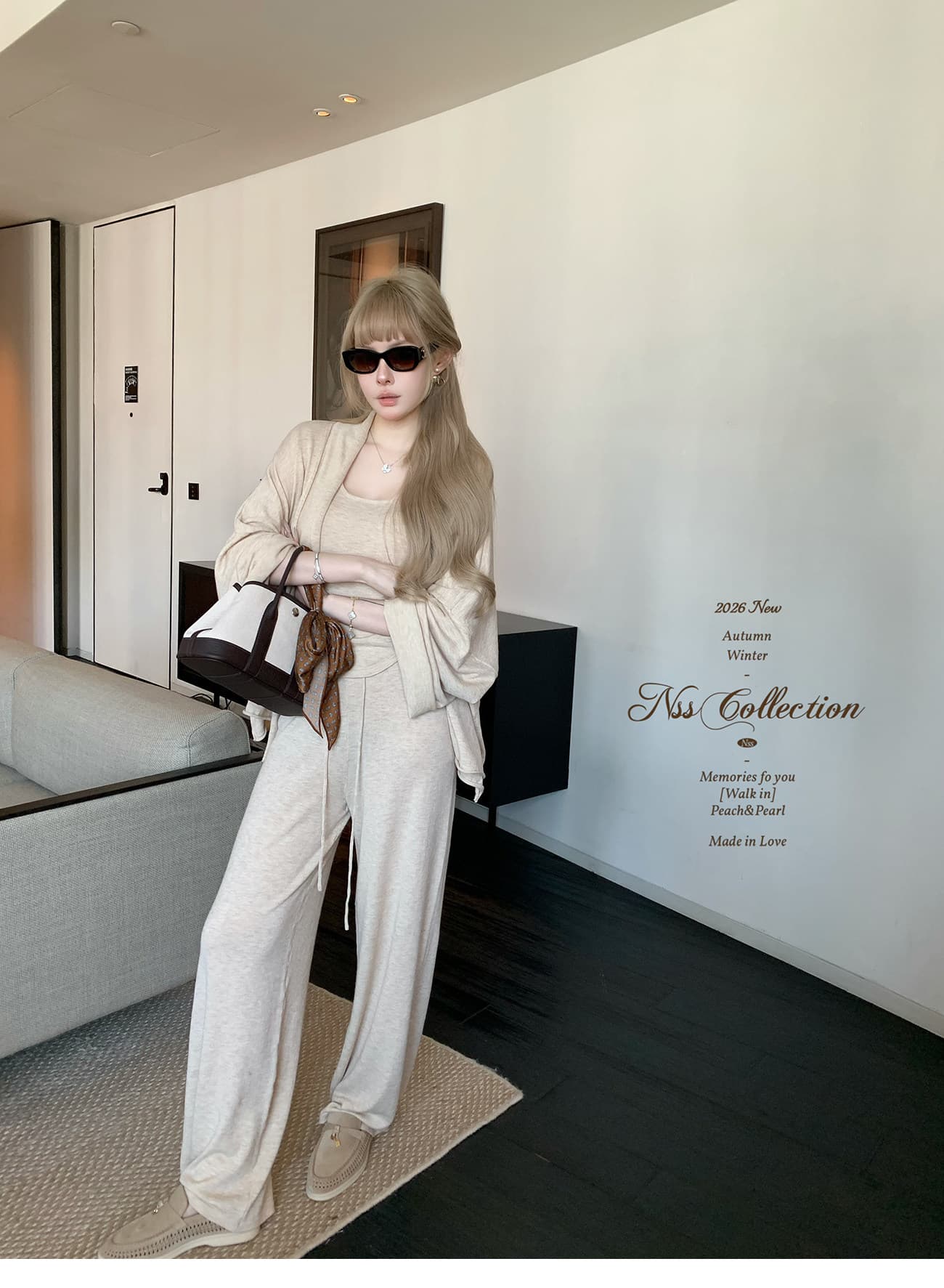3종 세트 착용 가져 가라. 가을 니트 외부 가져 가라. 카디건 코트 민소매 한 첨부 된 의류 와이드 레그 팬츠 여성 겨울 캐주얼 상세 이미지 34