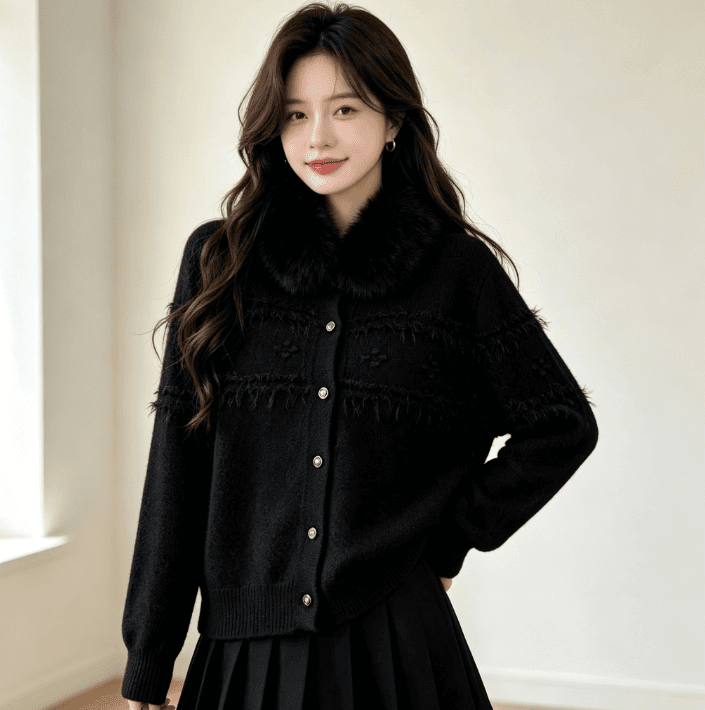 한국 털 모피 칼라 스웨터 오픈 가디건 절묘한 깨진 술 디자인 센스 싱글 줄 버튼 부드러운 찹쌀 니트 여성 코트 상세 이미지 4