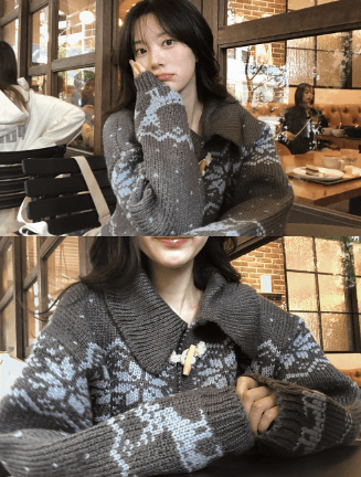 한국 디자인 센스 무거운 작업 자카드 빅 칼라 소뿔 버클 스웨터 카디건 코트 상세 이미지 2