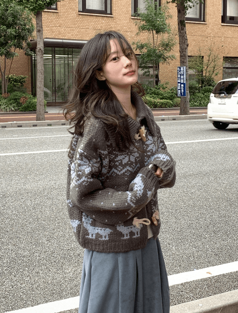 한국 디자인 센스 무거운 작업 자카드 빅 칼라 소뿔 버클 스웨터 카디건 코트 상세 이미지 5
