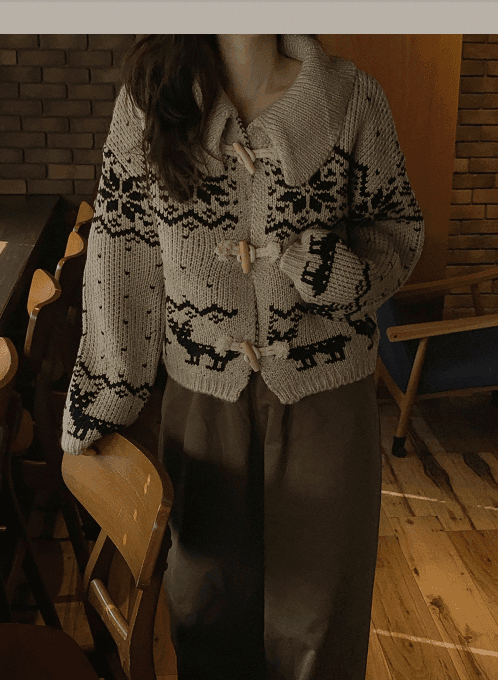 한국 디자인 센스 무거운 작업 자카드 빅 칼라 소뿔 버클 스웨터 카디건 코트 상세 이미지 7
