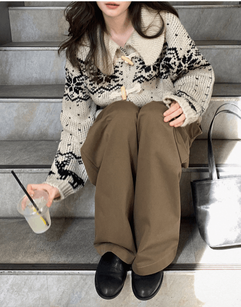 한국 디자인 센스 무거운 작업 자카드 빅 칼라 소뿔 버클 스웨터 카디건 코트 상세 이미지 10