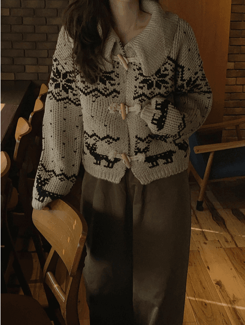 한국 디자인 센스 무거운 작업 자카드 빅 칼라 소뿔 버클 스웨터 카디건 코트 상세 이미지 11