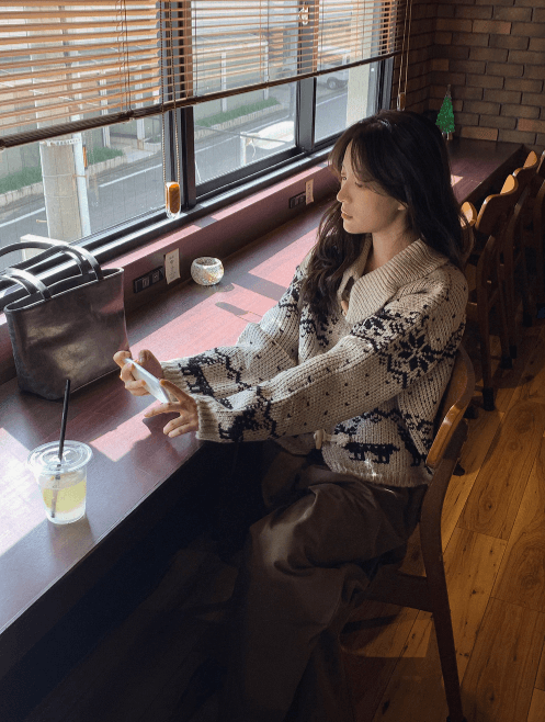 한국 디자인 센스 무거운 작업 자카드 빅 칼라 소뿔 버클 스웨터 카디건 코트 상세 이미지 14