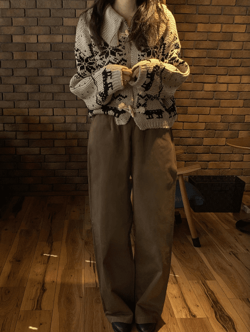 한국 디자인 센스 무거운 작업 자카드 빅 칼라 소뿔 버클 스웨터 카디건 코트 상세 이미지 19
