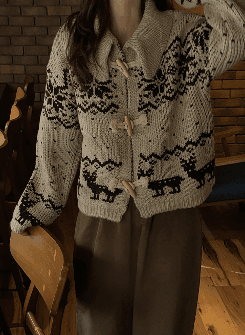 한국 디자인 센스 무거운 작업 자카드 빅 칼라 소뿔 버클 스웨터 카디건 코트 상세 이미지 22