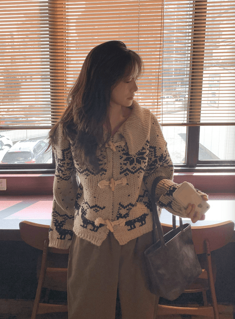 한국 디자인 센스 무거운 작업 자카드 빅 칼라 소뿔 버클 스웨터 카디건 코트 상세 이미지 23