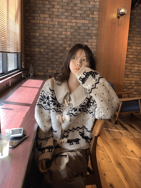 한국 디자인 센스 무거운 작업 자카드 빅 칼라 소뿔 버클 스웨터 카디건 코트 상세 이미지 24