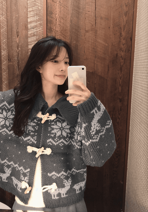 한국 디자인 센스 무거운 작업 자카드 빅 칼라 소뿔 버클 스웨터 카디건 코트 상세 이미지 26