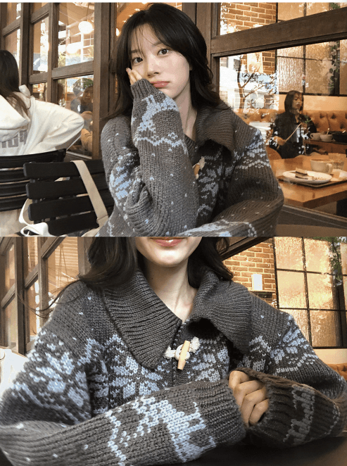 한국 디자인 센스 무거운 작업 자카드 빅 칼라 소뿔 버클 스웨터 카디건 코트 상세 이미지 27