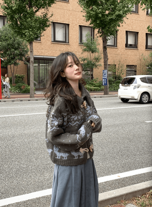 한국 디자인 센스 무거운 작업 자카드 빅 칼라 소뿔 버클 스웨터 카디건 코트 상세 이미지 32