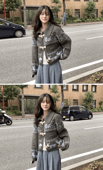 한국 디자인 센스 무거운 작업 자카드 빅 칼라 소뿔 버클 스웨터 카디건 코트 상세 이미지 35