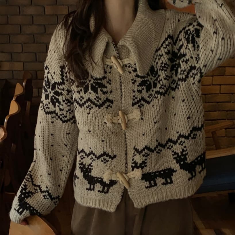한국 디자인 센스 무거운 작업 자카드 빅 칼라 소뿔 버클 스웨터 카디건 코트