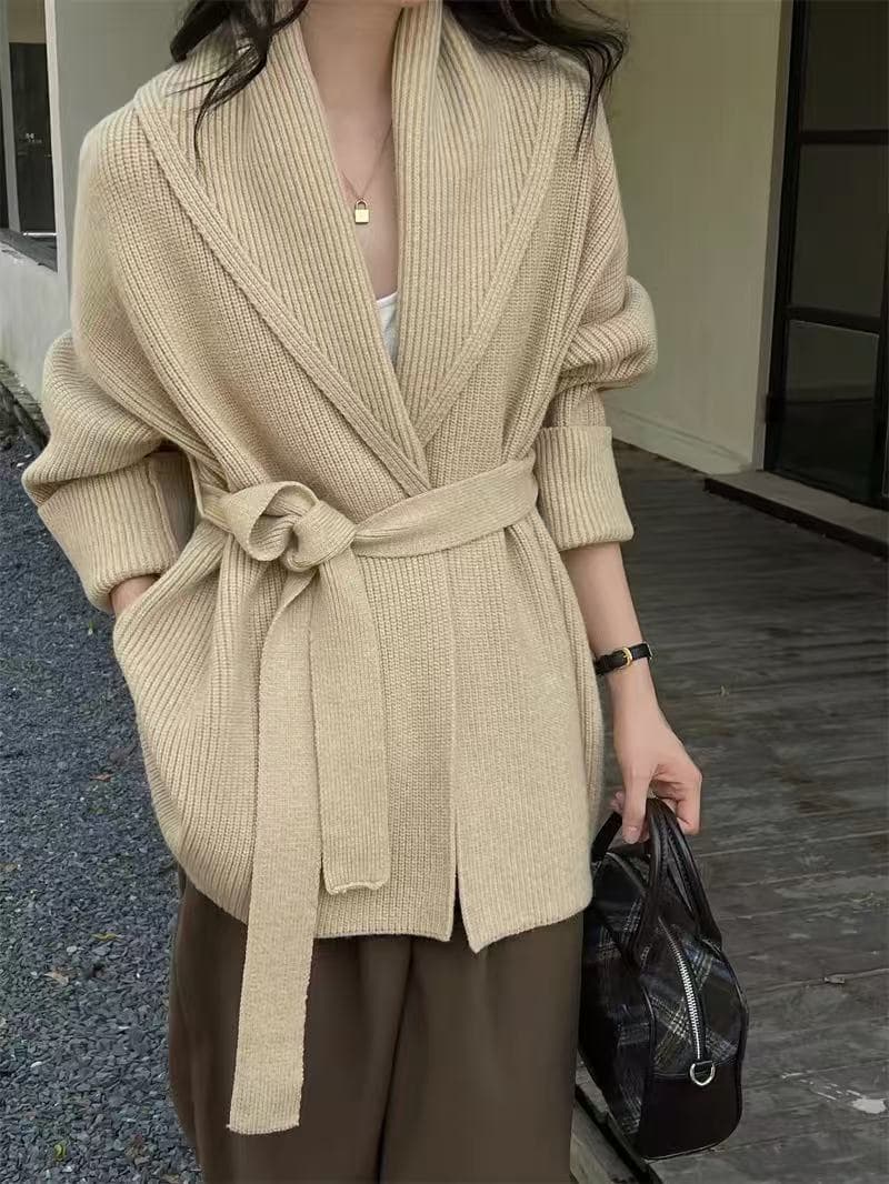 빅 칼라 목욕 가운 바람 품격 레이스업 니트 오픈 가디건 가을 겨울 쇼트 스타일 슬림해 보이는 루즈핏 출퇴근 대기 스웨터 코트
