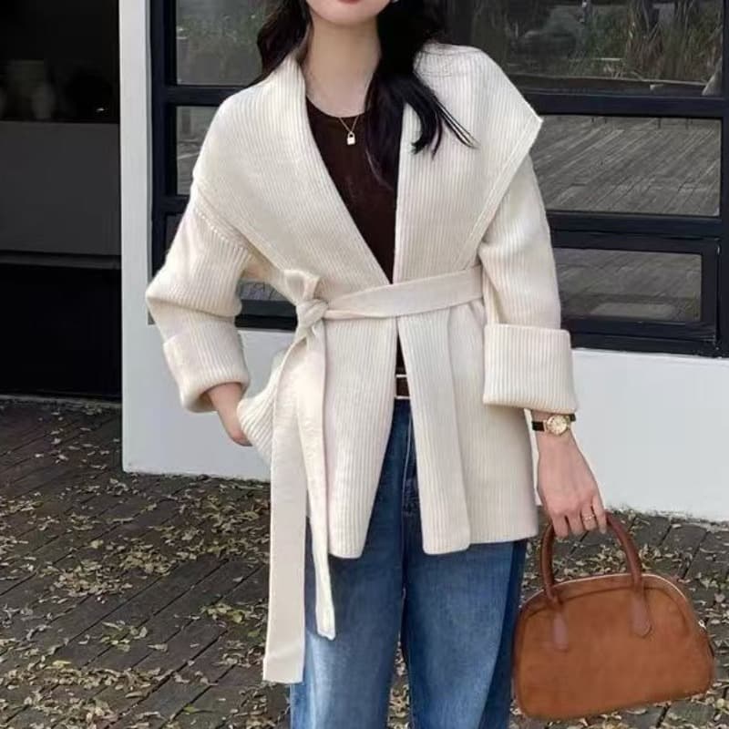 빅 칼라 목욕 가운 바람 품격 레이스업 니트 오픈 가디건 가을 겨울 쇼트 스타일 슬림해 보이는 루즈핏 출퇴근 대기 스웨터 코트 이미지 5