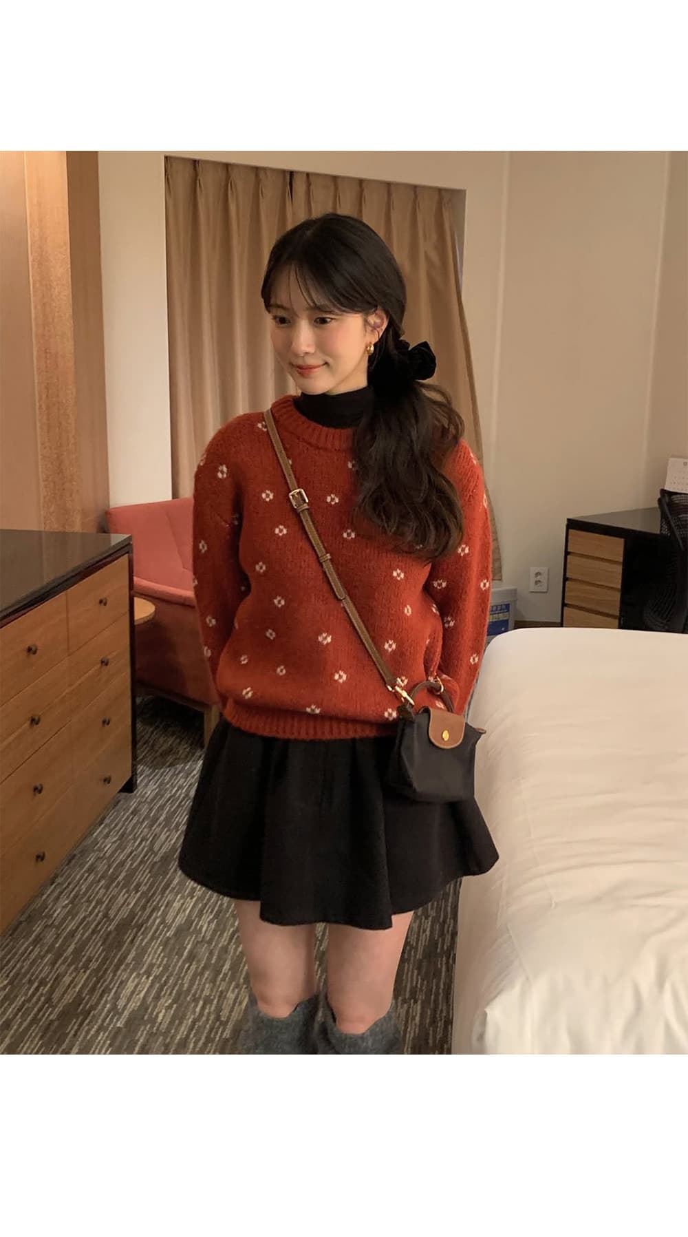 한국 동대문 레트로 작은 꽃 자카드 스웨터 루즈핏 가을 어깨 슬림해 보이는 라운드 넥 니트 스웨터 가을 겨울 소녀 상세 이미지 8