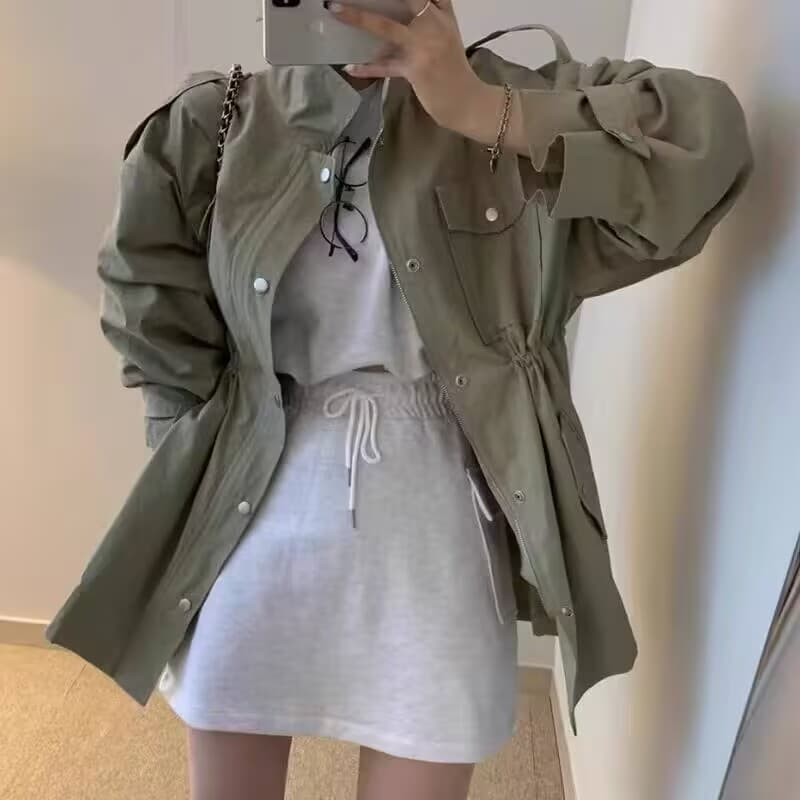 한국 chic 가을 레트로 품격 폴로 칼라 당겨서 사슬 어둠 버클 펌프 Pleat 허리 수축 슬림해 보이는 다용도 바람막이 여성 코트 이미지 3