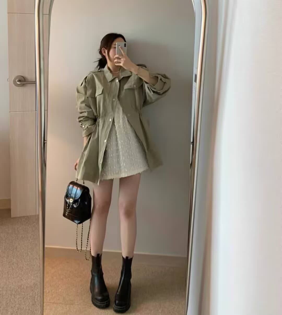 한국 chic 가을 레트로 품격 폴로 칼라 당겨서 사슬 어둠 버클 펌프 Pleat 허리 수축 슬림해 보이는 다용도 바람막이 여성 코트 이미지 4