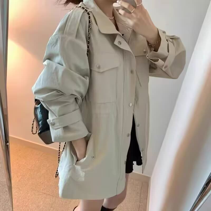 한국 chic 가을 레트로 품격 폴로 칼라 당겨서 사슬 어둠 버클 펌프 Pleat 허리 수축 슬림해 보이는 다용도 바람막이 여성 코트 상세 이미지 2