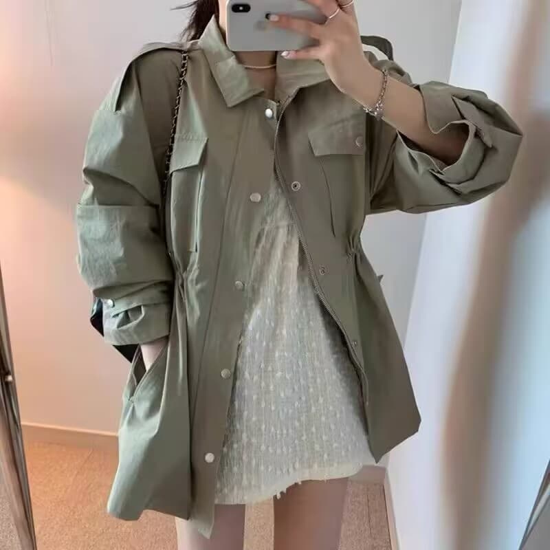한국 chic 가을 레트로 품격 폴로 칼라 당겨서 사슬 어둠 버클 펌프 Pleat 허리 수축 슬림해 보이는 다용도 바람막이 여성 코트 상세 이미지 4