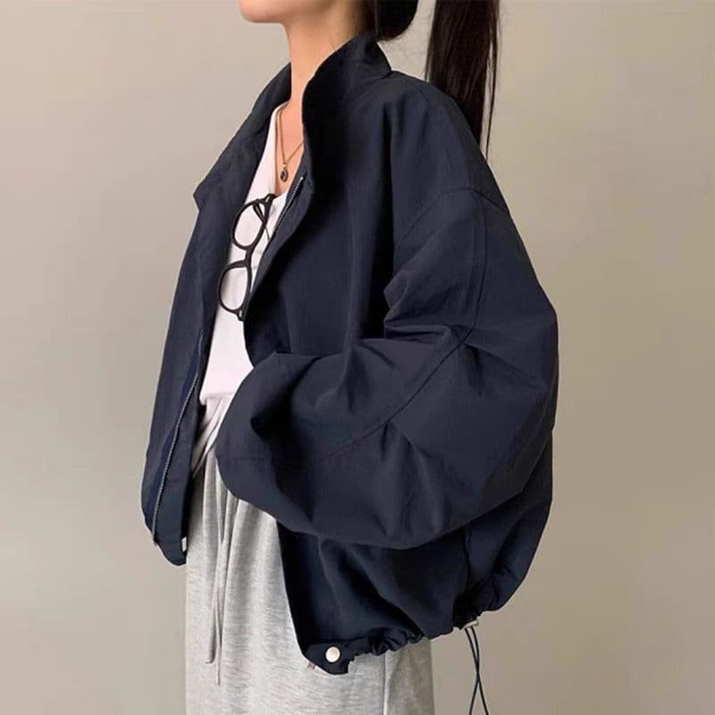한국 chic 미니멀리즘 레트로 반하이넥 루즈핏 캐주얼 다용도 펌프 Pleat 디자인 긴팔 바람막이 여성 코트