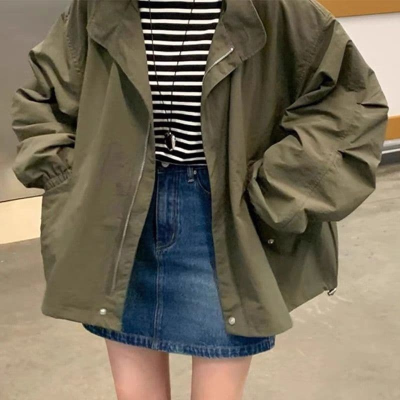 한국 chic 미니멀리즘 레트로 반하이넥 루즈핏 캐주얼 다용도 펌프 Pleat 디자인 긴팔 바람막이 여성 코트 이미지 3