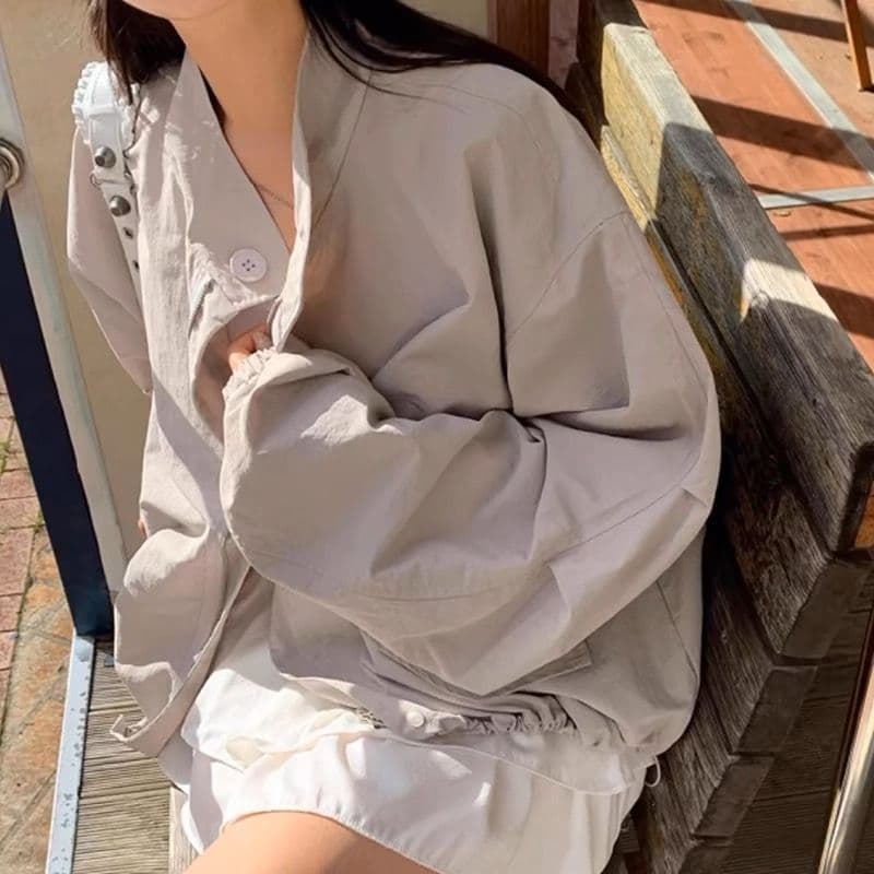 한국 chic 미니멀리즘 레트로 반하이넥 루즈핏 캐주얼 다용도 펌프 Pleat 디자인 긴팔 바람막이 여성 코트 이미지 4