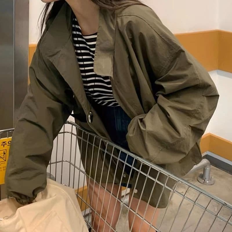 한국 chic 미니멀리즘 레트로 반하이넥 루즈핏 캐주얼 다용도 펌프 Pleat 디자인 긴팔 바람막이 여성 코트 이미지 5
