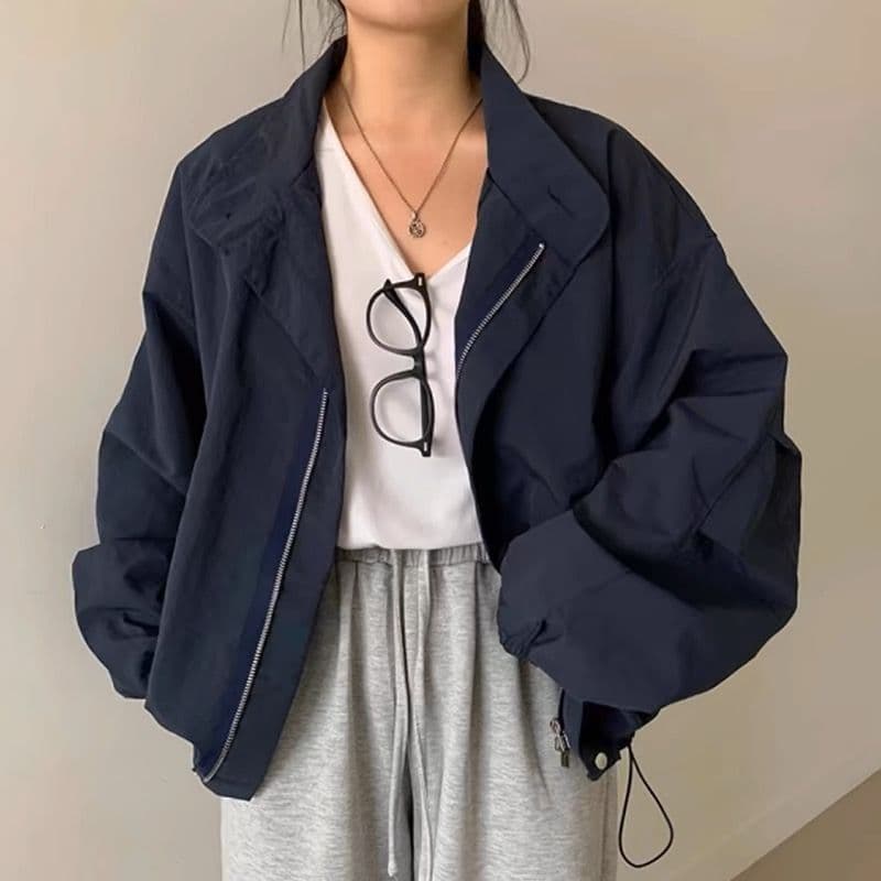한국 chic 미니멀리즘 레트로 반하이넥 루즈핏 캐주얼 다용도 펌프 Pleat 디자인 긴팔 바람막이 여성 코트 상세 이미지 1