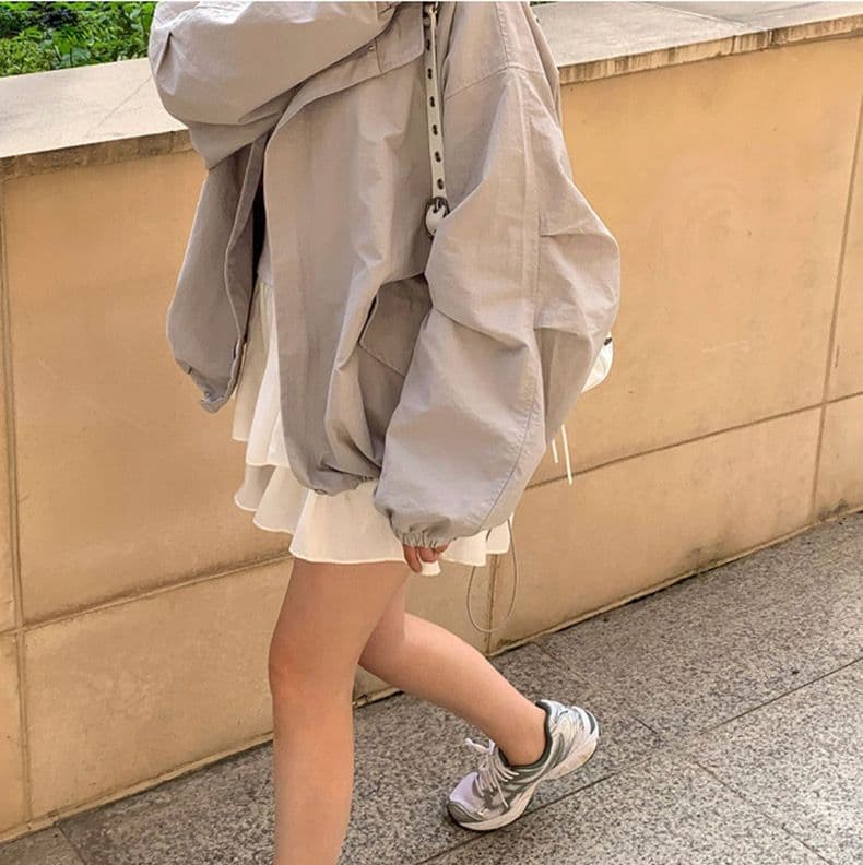 한국 chic 미니멀리즘 레트로 반하이넥 루즈핏 캐주얼 다용도 펌프 Pleat 디자인 긴팔 바람막이 여성 코트 상세 이미지 6