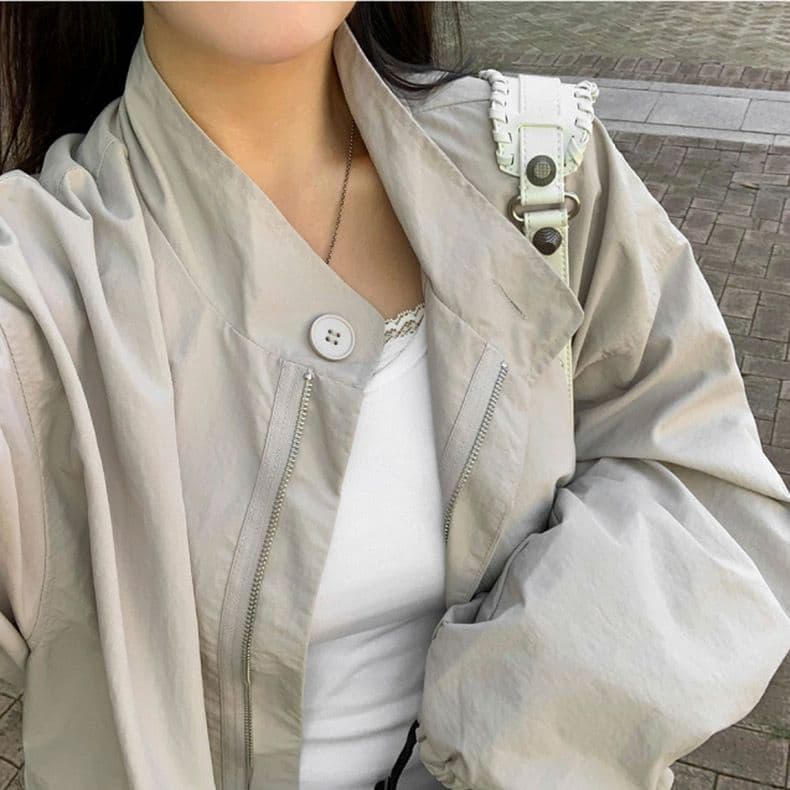한국 chic 미니멀리즘 레트로 반하이넥 루즈핏 캐주얼 다용도 펌프 Pleat 디자인 긴팔 바람막이 여성 코트 상세 이미지 10