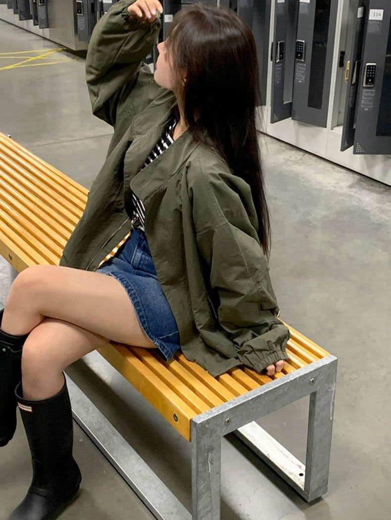 한국 chic 미니멀리즘 레트로 반하이넥 루즈핏 캐주얼 다용도 펌프 Pleat 디자인 긴팔 바람막이 여성 코트 상세 이미지 12