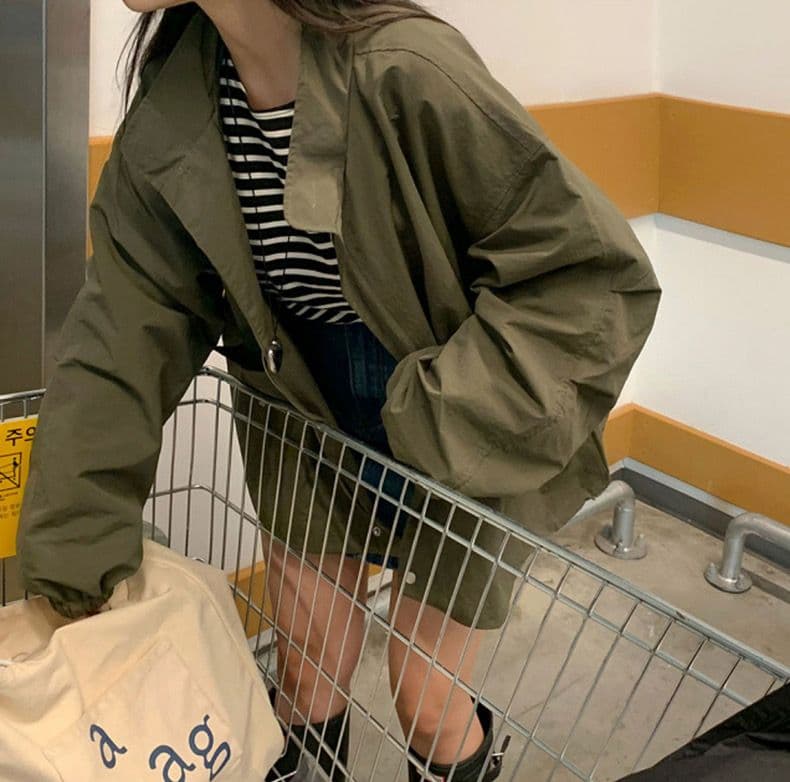 한국 chic 미니멀리즘 레트로 반하이넥 루즈핏 캐주얼 다용도 펌프 Pleat 디자인 긴팔 바람막이 여성 코트 상세 이미지 13