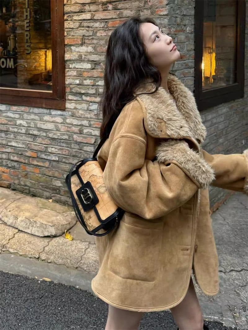 둘 착용 피모 하나 양털 오토바이 서비스 가을 겨울 루즈핏 두꺼운 스웨이드 모피 여성 코트 이미지 3