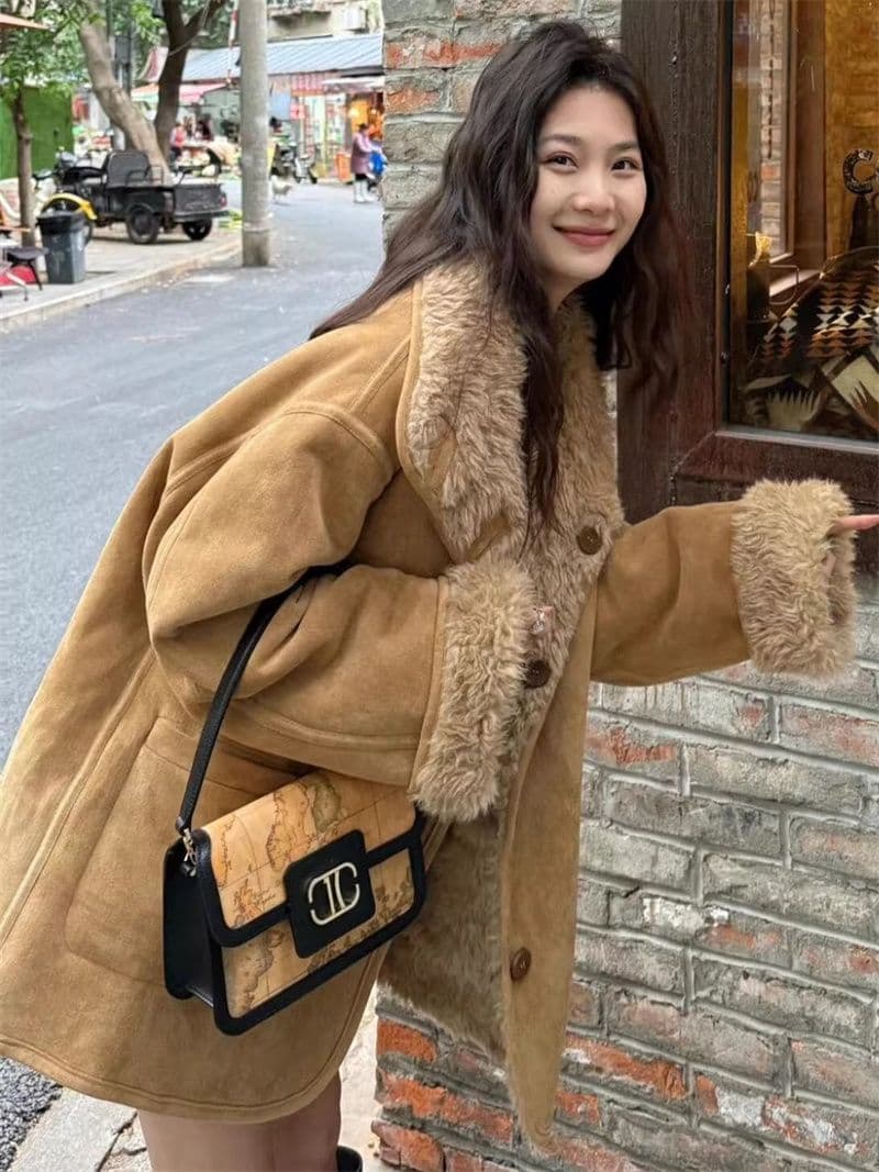 둘 착용 피모 하나 양털 오토바이 서비스 가을 겨울 루즈핏 두꺼운 스웨이드 모피 여성 코트 이미지 2