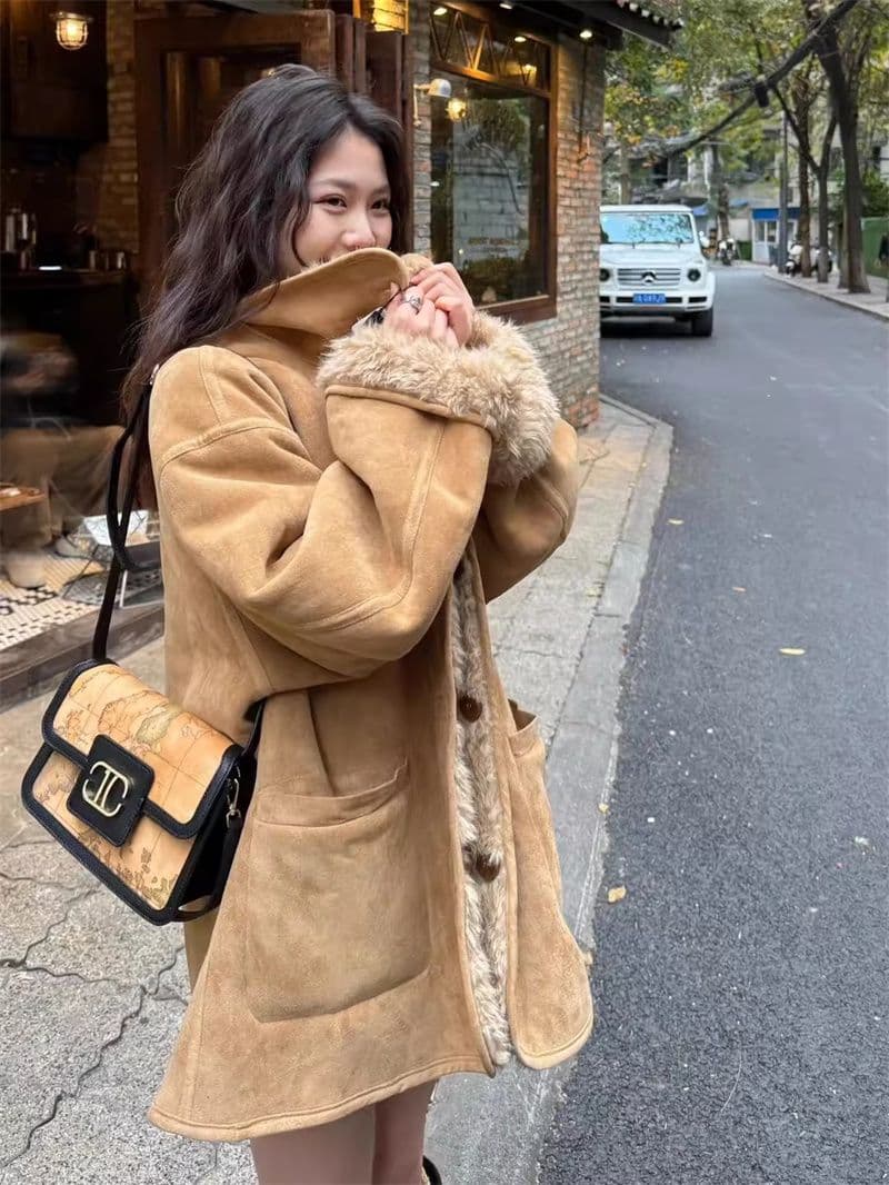 둘 착용 피모 하나 양털 오토바이 서비스 가을 겨울 루즈핏 두꺼운 스웨이드 모피 여성 코트 이미지 4